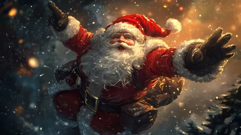 Santa figure in red suit moving through snowy night sky.