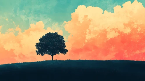 Solitary hilltop tree against a dream-soaked pastel sky.