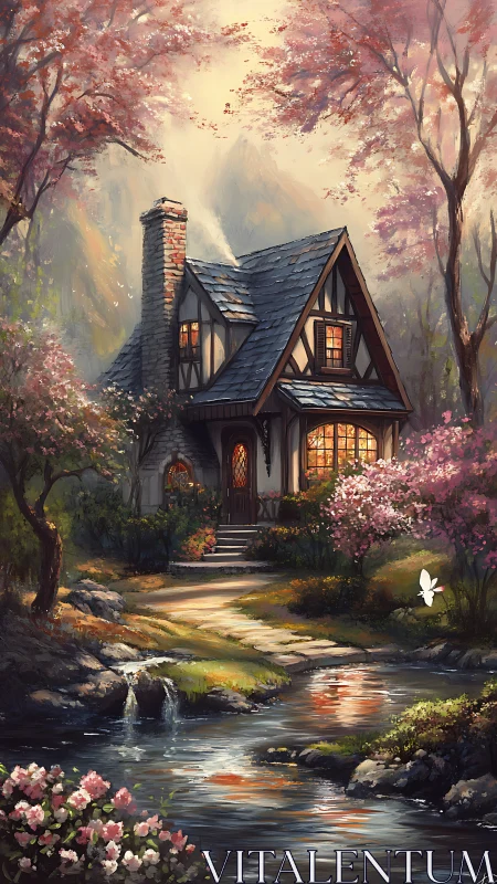 Fairy-tale cottage nestles beside reflective forest stream