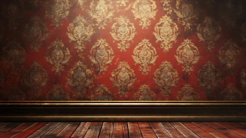 Ornate red wall and wooden floor form an empty interior scene