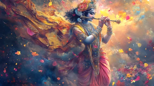 Divine blue-skinned flutist rendered in dynamic chromatic particle flow
