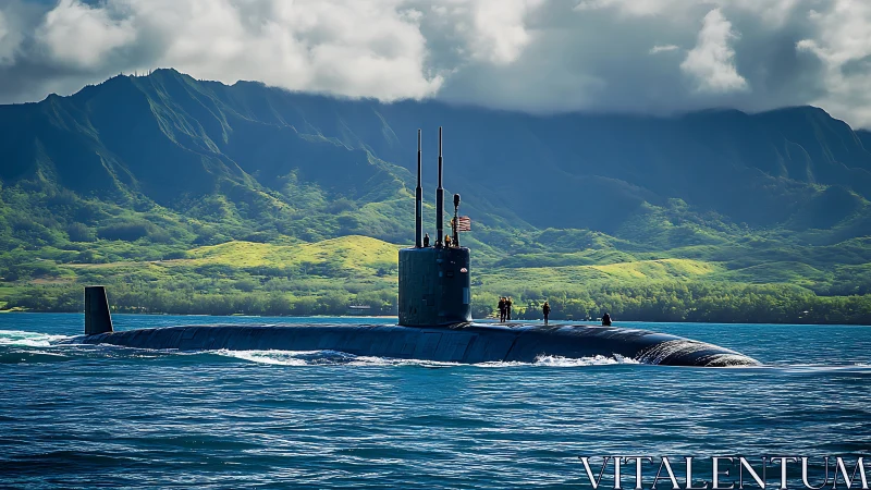 Nuclear submarine surfaced offshore with tropical mountains.