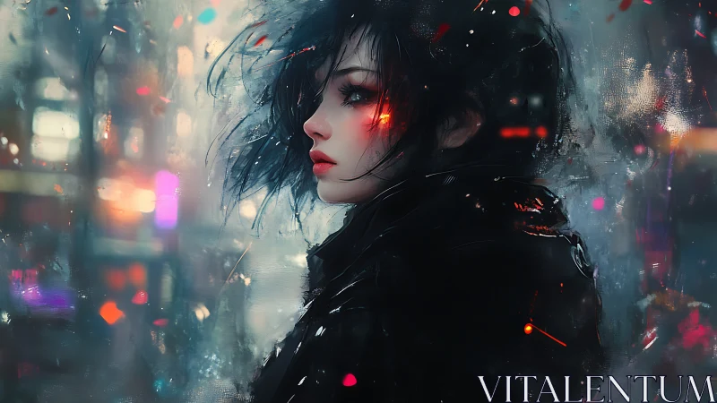 Cyberpunk woman gazes over neon city in cold rain
