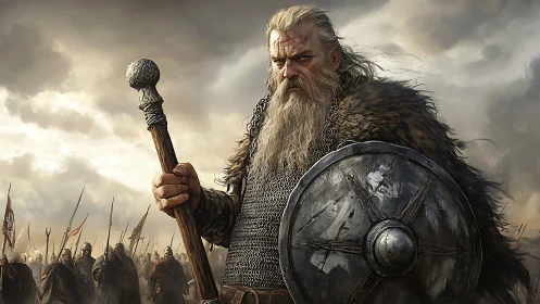 Battle-worn Viking commander holds shield and staff under stormy sky