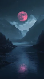 Crimson supermoon over misty alpine river valley at night.