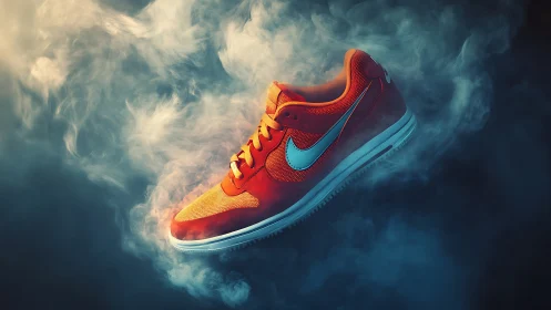 Red athletic sneaker isolated in dramatic studio smoke.