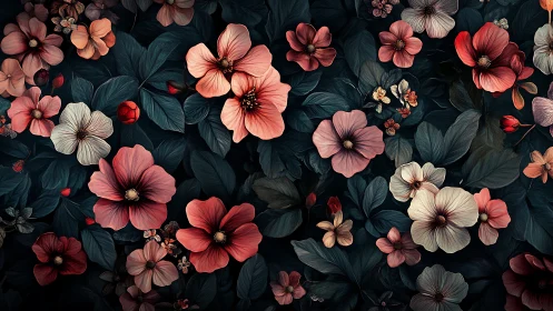 Botanical Dark Garden: Coral and Deep Teal Floral Composition.