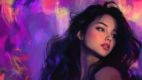 Vivid portrait of a woman glows in neon dreamlight hues
