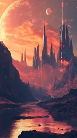 Crimson alien citadel rising beneath twin celestial moons.