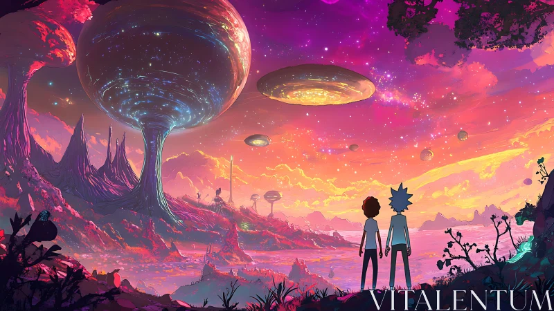 Futuristic alien landscape with two figures observing sky.