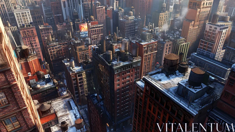 Rooftop chimneys and neon whispers above winter city canyons.