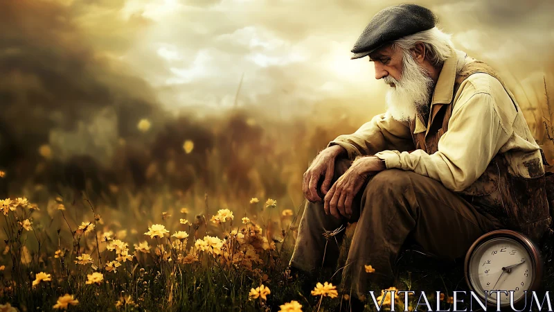 Elderly man in golden field contemplating time at dusk.