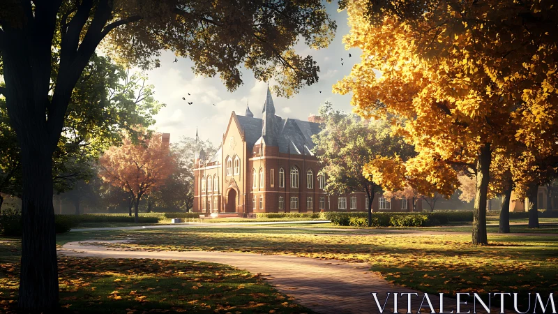 Historic brick campus hall amid glowing autumn trees.
