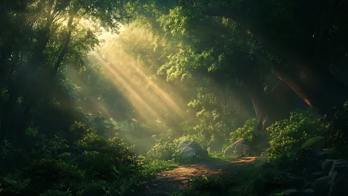 Sunlit Cathedral. Ethereal Forest Realm Drenched in Golden Sanctuary Light.