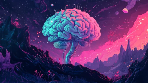 Floating brain structure dominates neon alien landscape scene