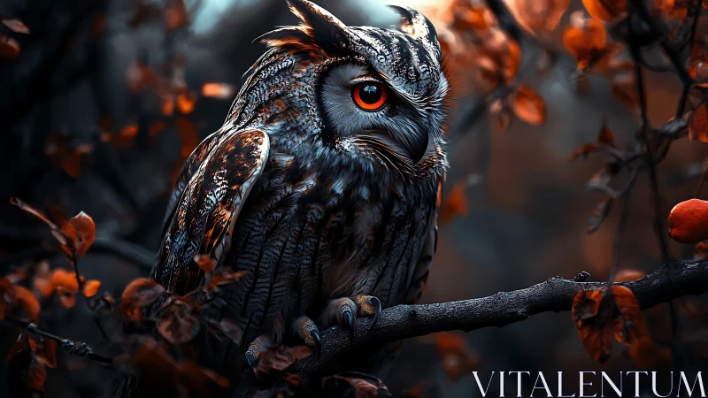 Majestic owl perched on branch in moody autumn forest art.