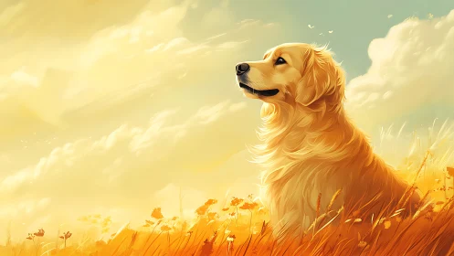 Golden retriever in warm sunset meadow digital painting.