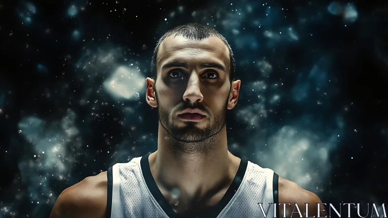 Male basketball player portrait in cosmic style background.
