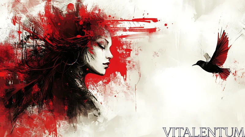 Side profile female portrait merges with abstract red bird