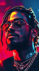 Neon-lit male portrait with split red blue lighting and chains.