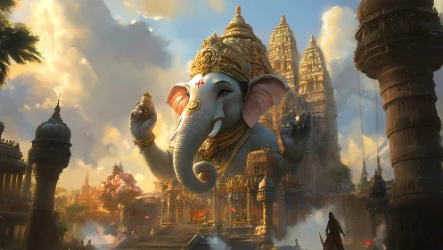 Giant elephant deity over ornate temple city at sunrise.