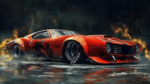 Fiery red muscle car roars forward through glowing smoke