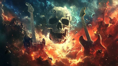 Floating skull and electric guitars in turbulent nebula field.