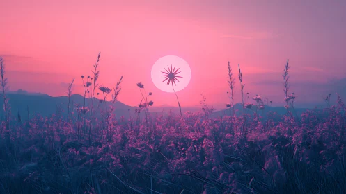 Surreal magenta meadow beneath a radiant geometric sun.