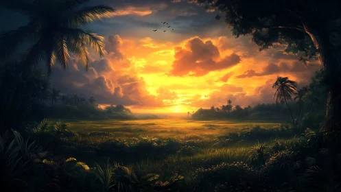 Luminous tropical sunset over lush coastal wetlands panorama.
