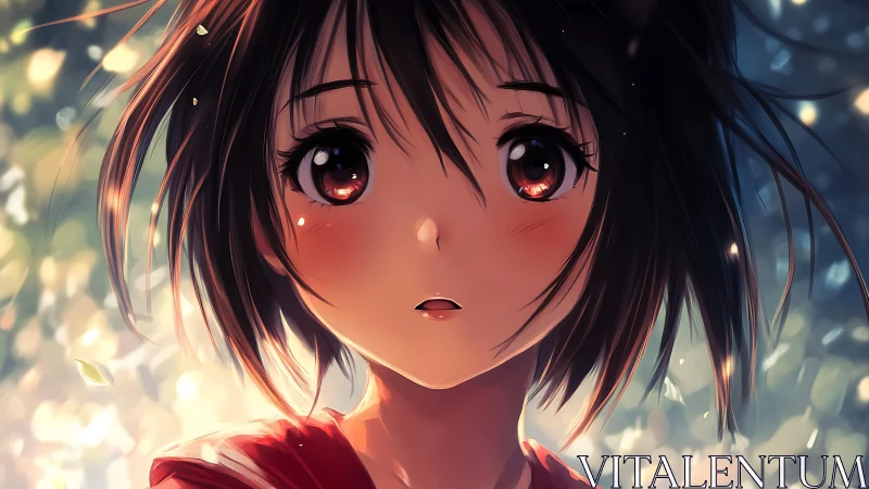 Young anime girl portrait with bokeh forest background.