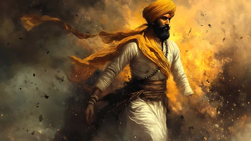 Warrior in saffron turban strides through explosive golden storm.