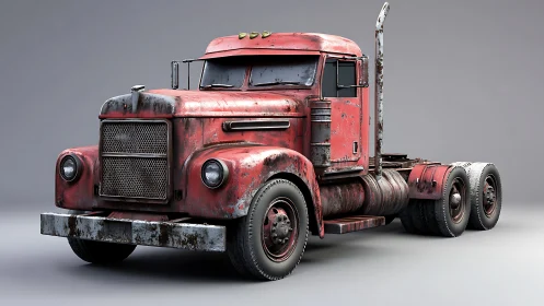 Rusty red semi truck showcases weathered metal realism.