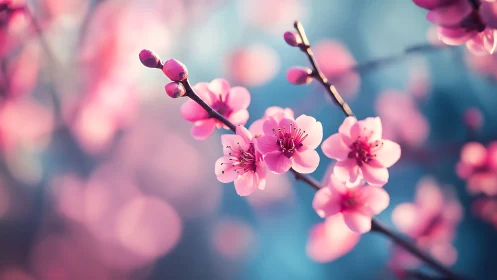 Pink Cherry Blossoms Branch with Bokeh Sky.