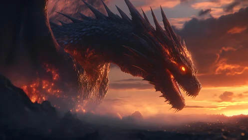 Molten scaled dragon head over volcanic horizon at dusk.