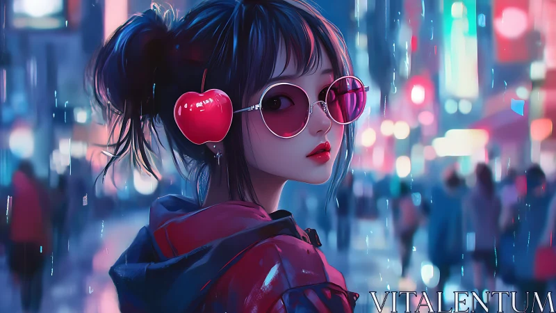Neon city portrait with cherry headset and glossy raincoat.