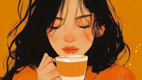 Freckled daydreamer sipping sunrise latte warmth.