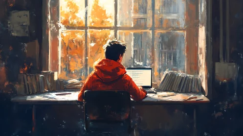 Digital writer working by autumn window in warm studio.