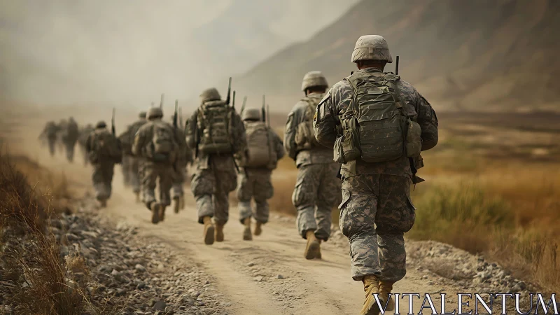 Dusty road march with soldiers moving toward hazy hills.