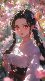 Cherry blossom girl gazes softly through drifting petals