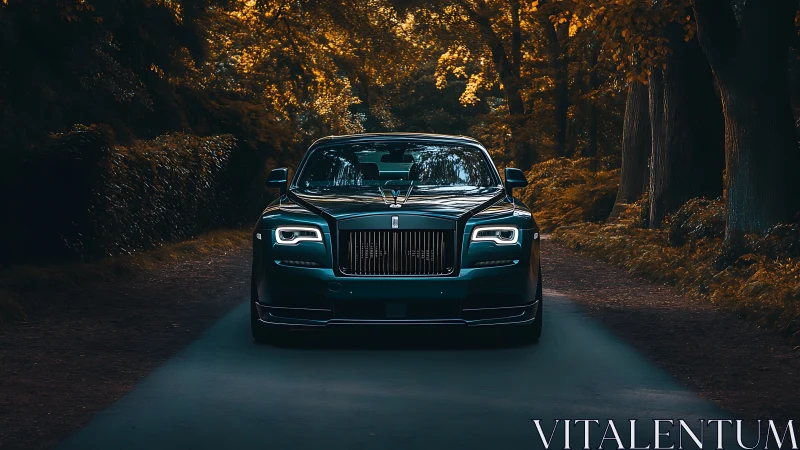 Front view of dark sedan on forest road at dusk.