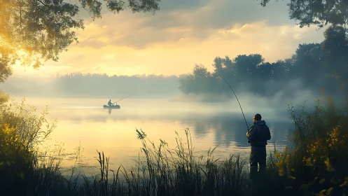 Morning lake anglers cast lines through golden river mist.