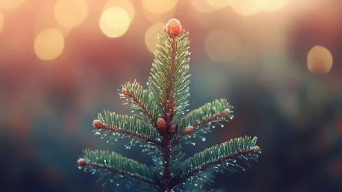 Young evergreen branch glows softly in warm winter light