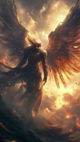 Seraphic fireborn warrior against stormlit infernal sky.