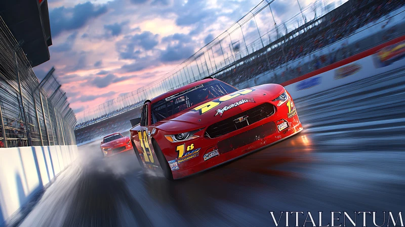 Red stock car advances on wet oval track under stadium lights