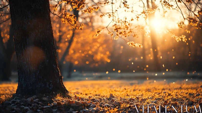 Autumn sunlight through tree branches in quiet forest park.
