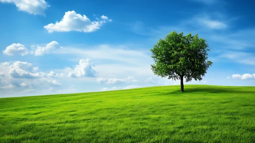 Solitary tree on lush green hill under vibrant blue sky, realistic style.