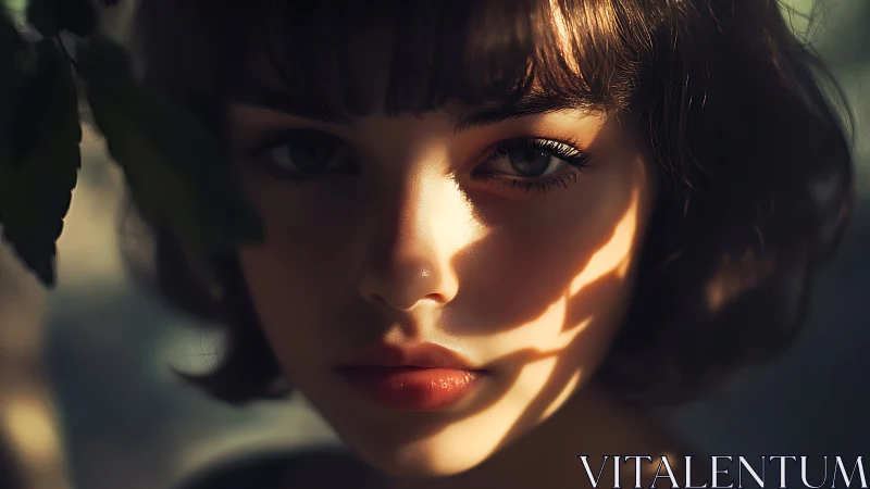 Sunlit gaze beneath leaves, where shadow paints quiet mystery.