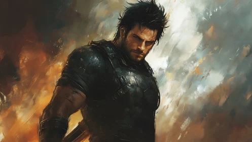Battle-scarred warrior smolders between storm and flame.