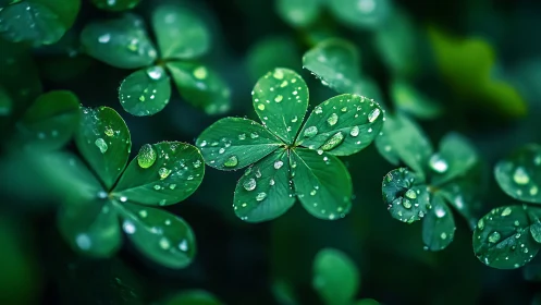 Glistening clover leaves holding tiny morning rain jewels.