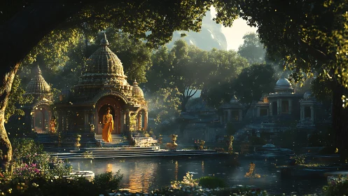 Sunlit temple sanctuary rests beside a tranquil forest lake